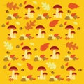 Vector Autumn forest mushrooms and leaves pattern