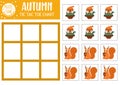 Vector autumn forest tic tac toe chart with cute owl and squirrel. Woodland board game playing field with animal and bird. Funny