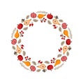 Vector autumn frame round wreath with place for text. With pears, acorns, apples for Happy Thanksgiving Day. Template Royalty Free Stock Photo