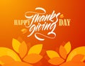 Vector autumn greeting card with calligraphic brush lettering composition of Happy Thanksgiving Day and fall leaves. Royalty Free Stock Photo