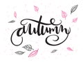 Vector autumn hand lettering label with doodle leaves and dots