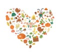 Vector autumn heart shaped frame with animals, plants, leaves, bell, pumpkins isolated on white background. Funny fall season Royalty Free Stock Photo