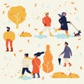 Vector autumn illustration with people enjoying and relaxing their time outdoors in park. Fall season recreation