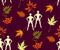 Vector autumn leaves and ballerina seamless pattern. Creative background with leafs Royalty Free Stock Photo