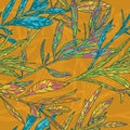 Vector autumn leaves seamless pattern. Yellow mustard fall background with hand drawn multicolor leaves.