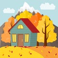 Vector autumn mountain landscape. Country house in the autumn