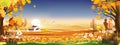 Vector Autumn panorama landscape farm field with blue sky, Beautiful sunset in mid Autumn countryside panorama view with yellowed
