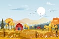 Vector Autumn panorama landscape farm field with orange sky, Beautiful sunset in Autumn countryside panorama view with yellow