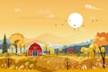 Vector Autumn panorama landscape farm field with orange sky, Beautiful sunset in Autumn countryside panorama view with yellow