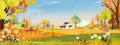 Vector Autumn panorama landscape farm field with orange sky, Beautiful sunset in mid Autumn countryside panorama view with Royalty Free Stock Photo