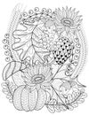 Vector autumn patterned background with pumpkin, sunflower, leaves, acorns, branches, mushroom for adult coloring books. Hand