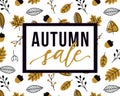 Vector autumn sale flyer template with lettering and pattern with fall leaves and acorns Royalty Free Stock Photo