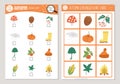 Vector Autumn scavenger hunt cards set. Seek and find game with cute pumpkin, mushroom, umbrella for kids. Fall seasonal searching