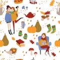 Autumn seamless pattern with cute girls and forest animals