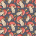 Vector autumn seamless pattern with cute mushrooms and leaves on a dark background. Repeated texture with natural elements for the Royalty Free Stock Photo