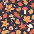 Vector autumn seamless pattern with oak, poplar, beech, maple and aspen leaves, mushrooms, acorns and physalis on dark background Royalty Free Stock Photo