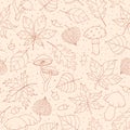 Vector autumn seamless pattern with oak, poplar, beech, maple, aspen and horse chestnut leaves, mushrooms, acorns