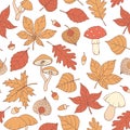 Vector autumn seamless pattern with oak, poplar, beech, maple, aspen and horse chestnut leaves, mushrooms, acorns and physalis Royalty Free Stock Photo