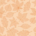 Vector autumn seamless pattern with oak, poplar, beech, maple, aspen and horse chestnut leaves orange outline