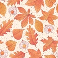 Vector autumn seamless pattern with oak, poplar, beech, maple, aspen and horse chestnut leaves and physalis Royalty Free Stock Photo