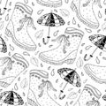 Vector autumn seamless pattern with outline rubber boots