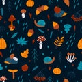 Vector autumn seamless pattern with pumpkin, rowan, spruce, acorn, mushrooms, hedgehog, leaves, snail, apple, rain Royalty Free Stock Photo