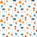 Vector autumn seamless pattern with pumpkin, rowan, spruce, acorn, mushrooms, hedgehog, leaves, snail, apple, rain