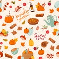 Vector autumn seamless pattern with pumpkin shaped cup of coffee drink with cinnamon bun, leaf-shaped cookies, pumpkin Royalty Free Stock Photo