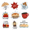 Vector autumn set of labels and hand written phrases -Happy Thanksgiving, Welcome autumn, Hello fall