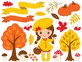 Vector Set with Cute Little Girl and Autumn Elements