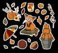 Vector autumn set of stickers. Umbrella and falling leaves. Autumn leaves. Children`s print for textiles and clothing. Product