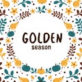 Golden season lettering phrase and autumn harvest symbols on white background. Vector illustration Royalty Free Stock Photo