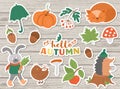 Vector autumn sticker pack. Cute fall season icons set for prints, badges. Funny illustration of forest animals, pumpkins,