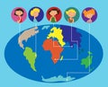 Vector avatars portraits with location on the world m Royalty Free Stock Photo