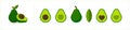 Vector avocado flat icons set. Cartoon design. Whole, half, sliced. Avocado with heart shape seed and with circle shaped