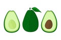 Vector avocado food icon. Whole and cut in half avocado with pit. Isolated vector illustration in flat style. Royalty Free Stock Photo