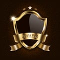 Vector Award Luxury Black Shield With Golden Frame And Sparkling Ribbon Isolated On Star Space Background. Mockup For Design