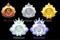 Vector awards medals dolllar gold, silver, bronze, platinum and diamond.