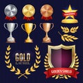 Vector Awards And Trophies Collection. Golden Badges And Labels. Championship Design. 1st, 2nd, 3rd Place. Golden