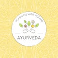 Vector Ayurveda illustration with flower, leaves and tablet, ethnic patterns and sample text