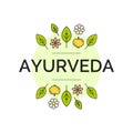 Vector ayurveda illustration with isolated linear leaves, flowers, fruits on a white backdrop