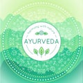 Vector Ayurveda illustration with mountains landscape, ethnic patterns and sample text