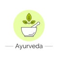 Vector ayurveda logotype template with isolated linear leaves, mortar, pestle