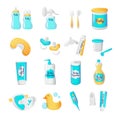 Vector baby accessories icons. Cartoon style newborn objects set.