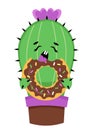 Vector baby cactus in the pot eating a donut. Vector illustration. Royalty Free Stock Photo