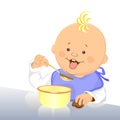 Vector Baby eats with a spoon from a bowl