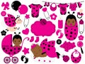 Vector Baby Girl Set with Ladybug Pattern. Vector African American Baby Girl. Royalty Free Stock Photo