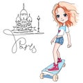 Vector baby girl skateboarder in Paris