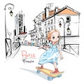 Vector baby girl skateboarder in Paris