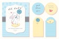 Vector baby shower design template. Cute hand drawn little bunny character. Flat lay. Royalty Free Stock Photo